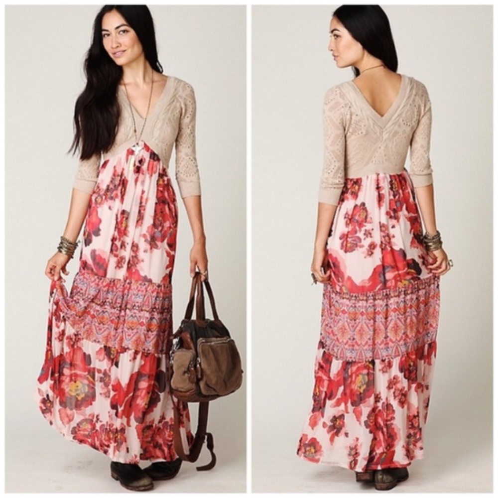 Free People Red Etnic Rose Sweater